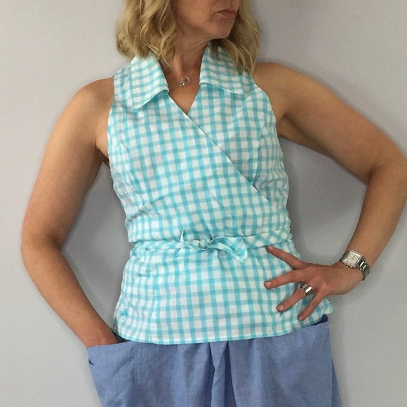 Lilly Pulitzer Tops - Lilly Pulitzer turquoise collared gingham wrap top